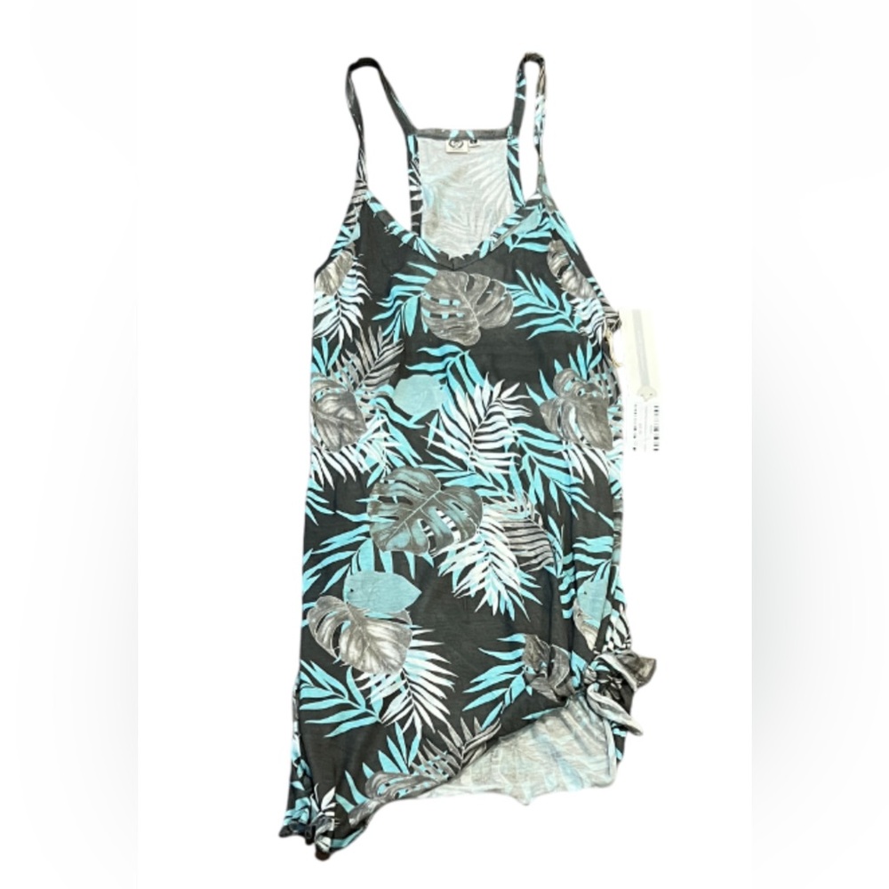 Lagaci Leaf Print Swim Cover Dress in Gray and Blue Size Large Racerback